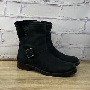 Frye Natalie Short Engineer Black Suede Moto Boots Women's 8.5 B Pull On Buckle